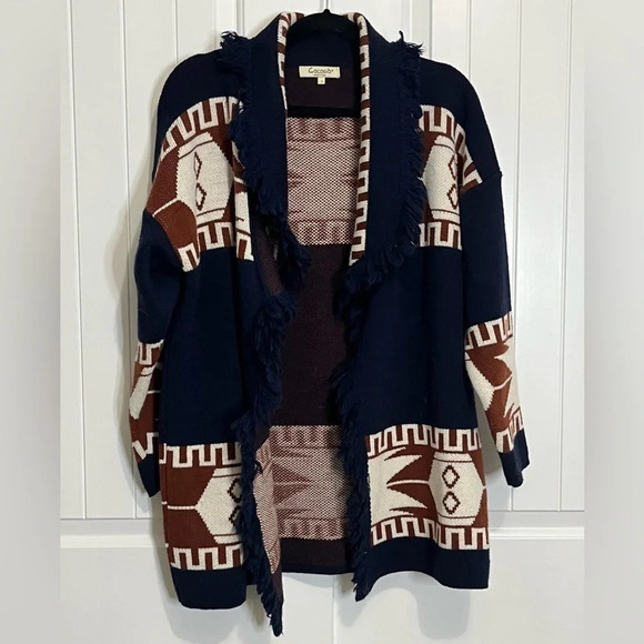 Cocogio Italian Aztec Print Open Fringe Cardigan Size S - Picture 2 of 4